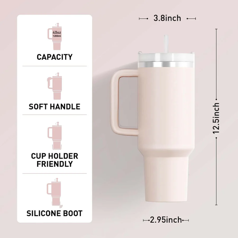 KISSKIND 40 Oz Tumbler with Handle Travel Mug Straw Covers Cup with Lid Insulated Quencher Stainless Steel Water Iced Tea Coffee Gift Cream