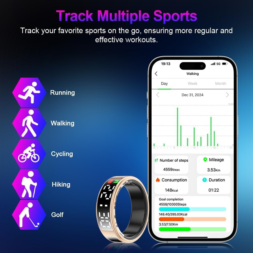 Smart Ring Health Tracker with Display Screen & Touch Button, Bluetooth Connection Vital Health Ring for Women Men, Tracks Heart Rate/Blood Oxygen/Sleep/Steps/Sports Activities, IP68 Waterproof