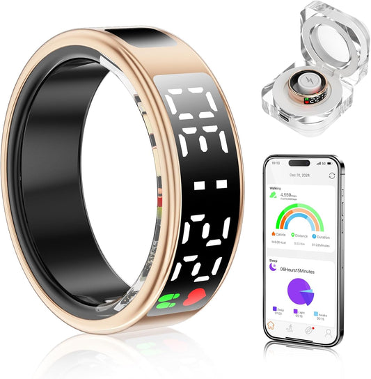 Smart Ring Health Tracker with Display Screen & Touch Button, Bluetooth Connection Vital Health Ring for Women Men, Tracks Heart Rate/Blood Oxygen/Sleep/Steps/Sports Activities, IP68 Waterproof