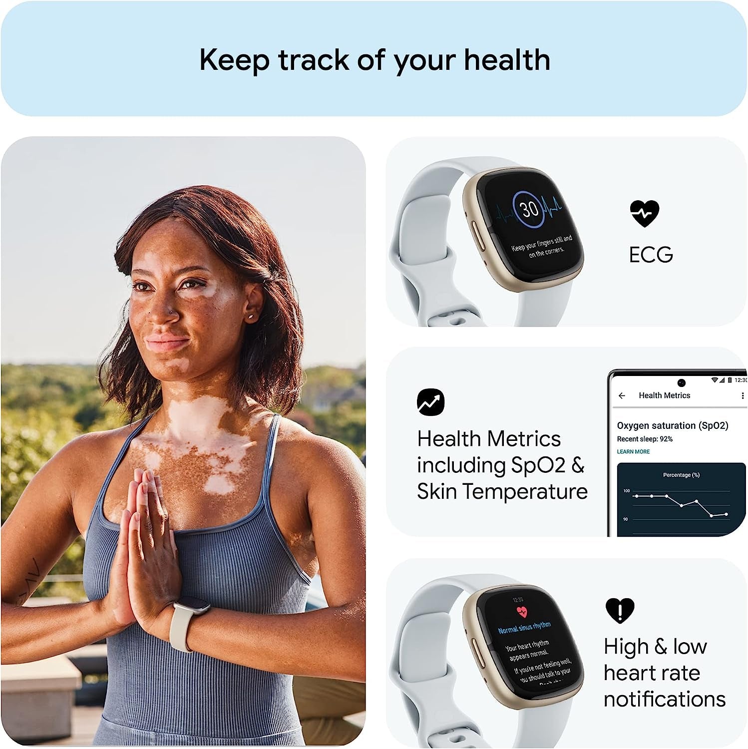 Fitbit Sense 2 Advanced Health and Fitness Smartwatch with Tools to Manage Stress and Sleep, ECG App, Spo2, 24/7 Heart Rate and GPS, Blue Mist/Pale Gold, One Size (S & L Bands Included)