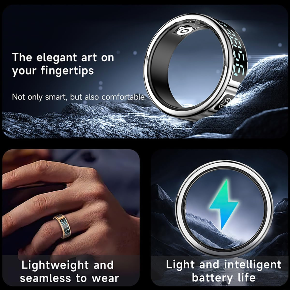 Smart Rings for Women Men Health Rings with Charging Case, Display Screen, IP68 Waterproof, Fitness Tracker with Heart Rate, Blood Oxygen, Sleep Tracker, Step Tracker (Black, 10#)