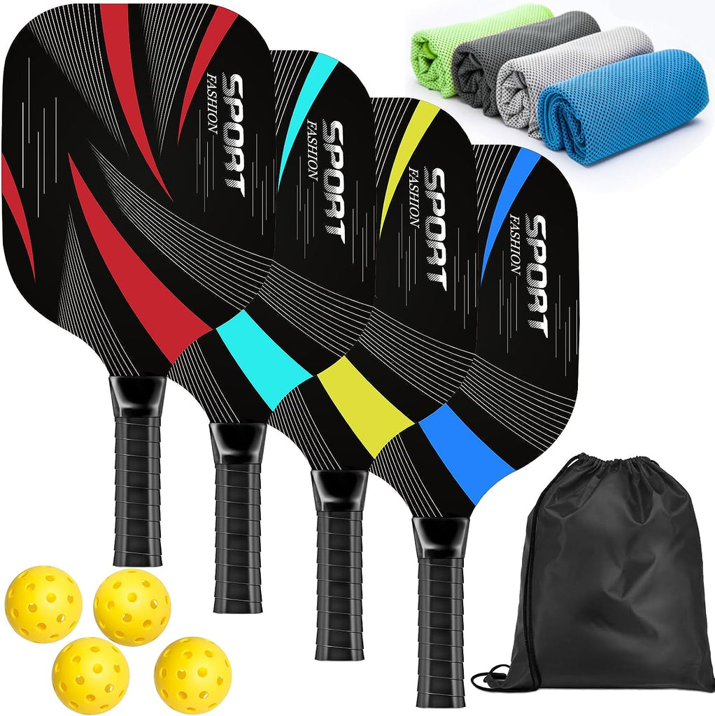 Premium Wooden Pickleball Paddles Set of 4 with Cooling Towels, Balls, and Carry Bag - Ergonomic Cushion Grip Included