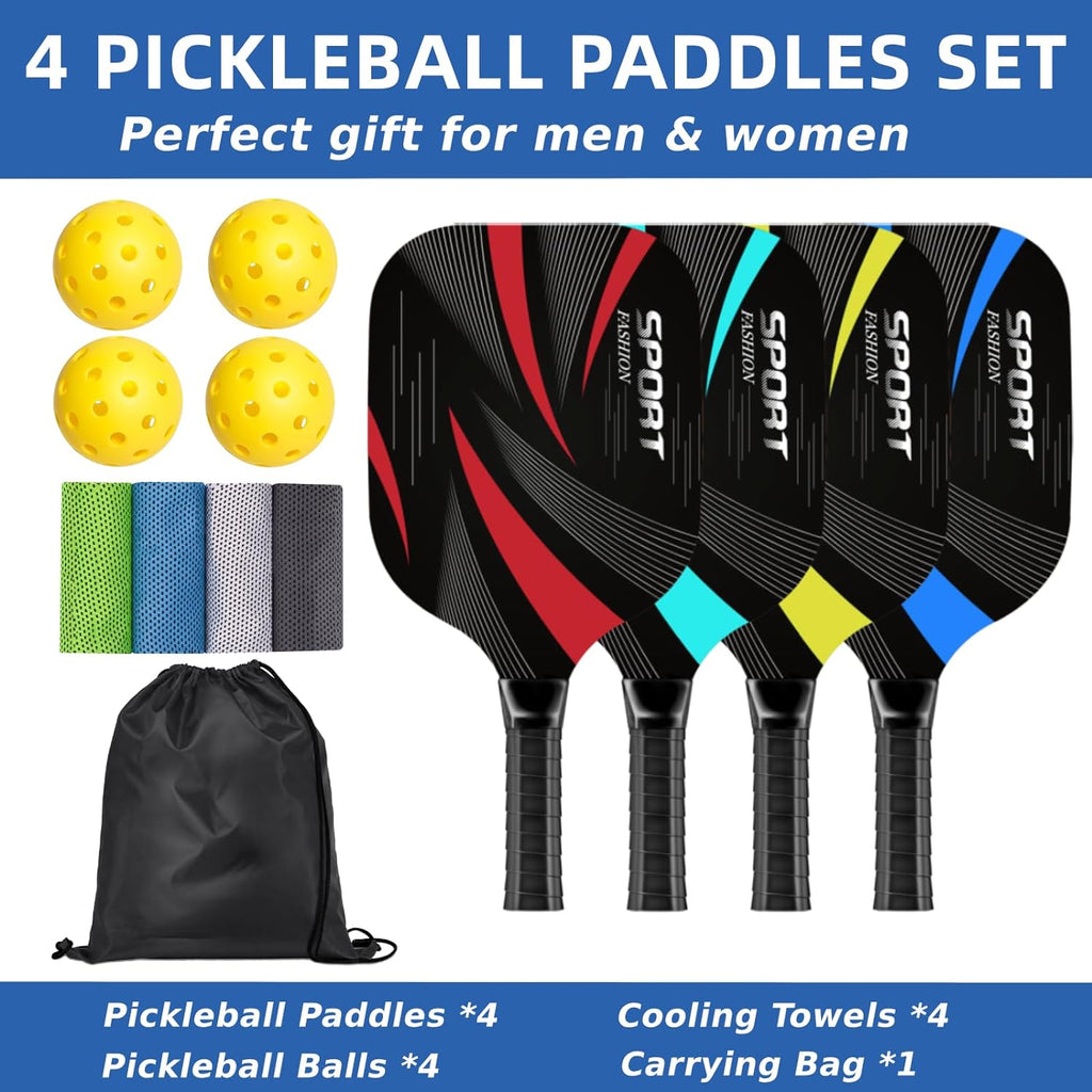 Premium Wooden Pickleball Paddles Set of 4 with Cooling Towels, Balls, and Carry Bag - Ergonomic Cushion Grip Included