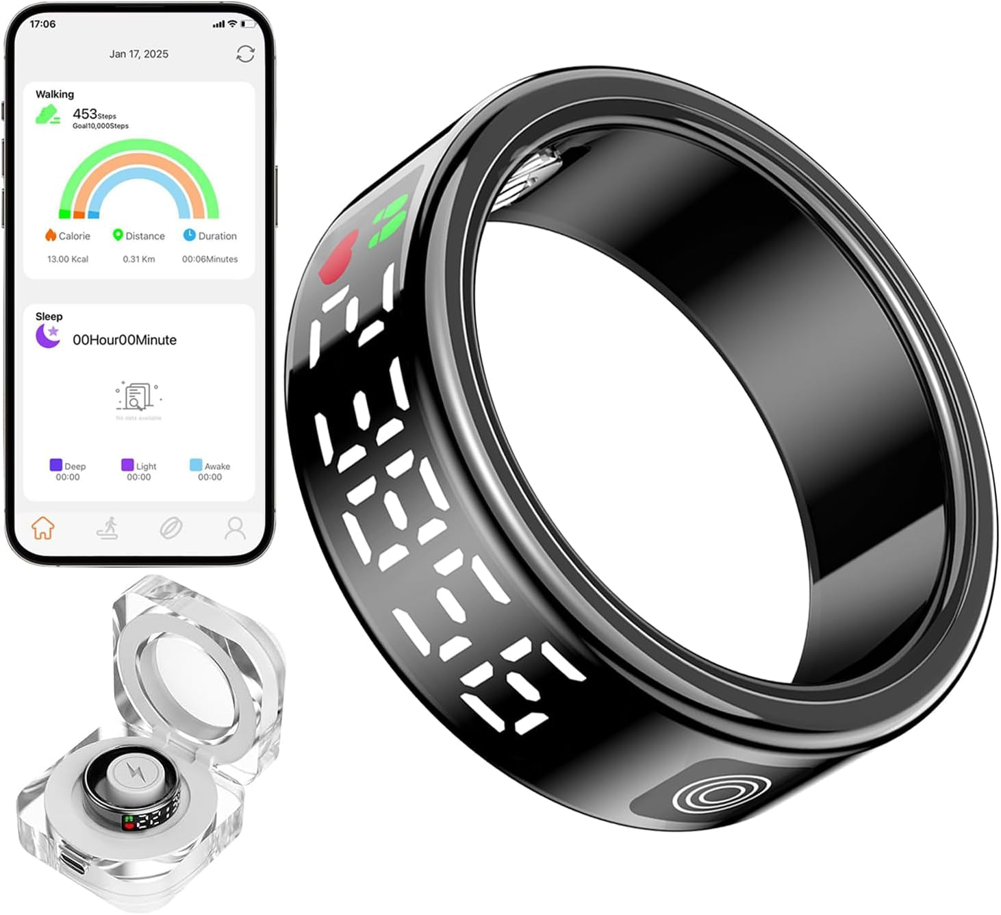 Smart Rings for Women Men Health Rings with Charging Case, Display Screen, IP68 Waterproof, Fitness Tracker with Heart Rate, Blood Oxygen, Sleep Tracker, Step Tracker (Black, 10#)