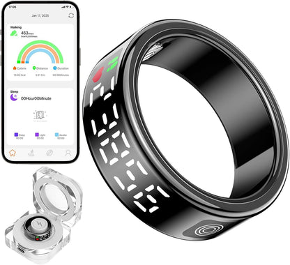 Smart Rings for Women Men Health Rings with Charging Case, Display Screen, IP68 Waterproof, Fitness Tracker with Heart Rate, Blood Oxygen, Sleep Tracker, Step Tracker (Black, 10#)