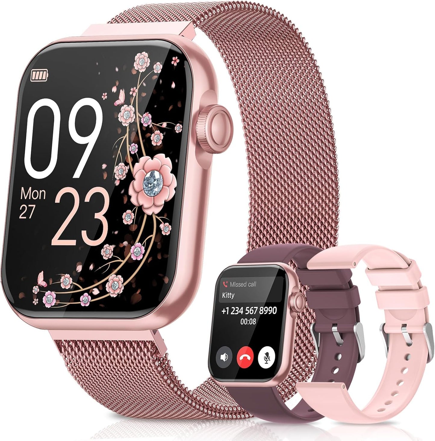 Smart Watches for Women,Fitness Tracker Smartwatch for Android Phones/Iphone Compatible,1.85" Womens Watch with Blood Pressure Monitor,Calls and Messages/Heart Rate/Sleep/Female Cycle(3 Watch Bands)