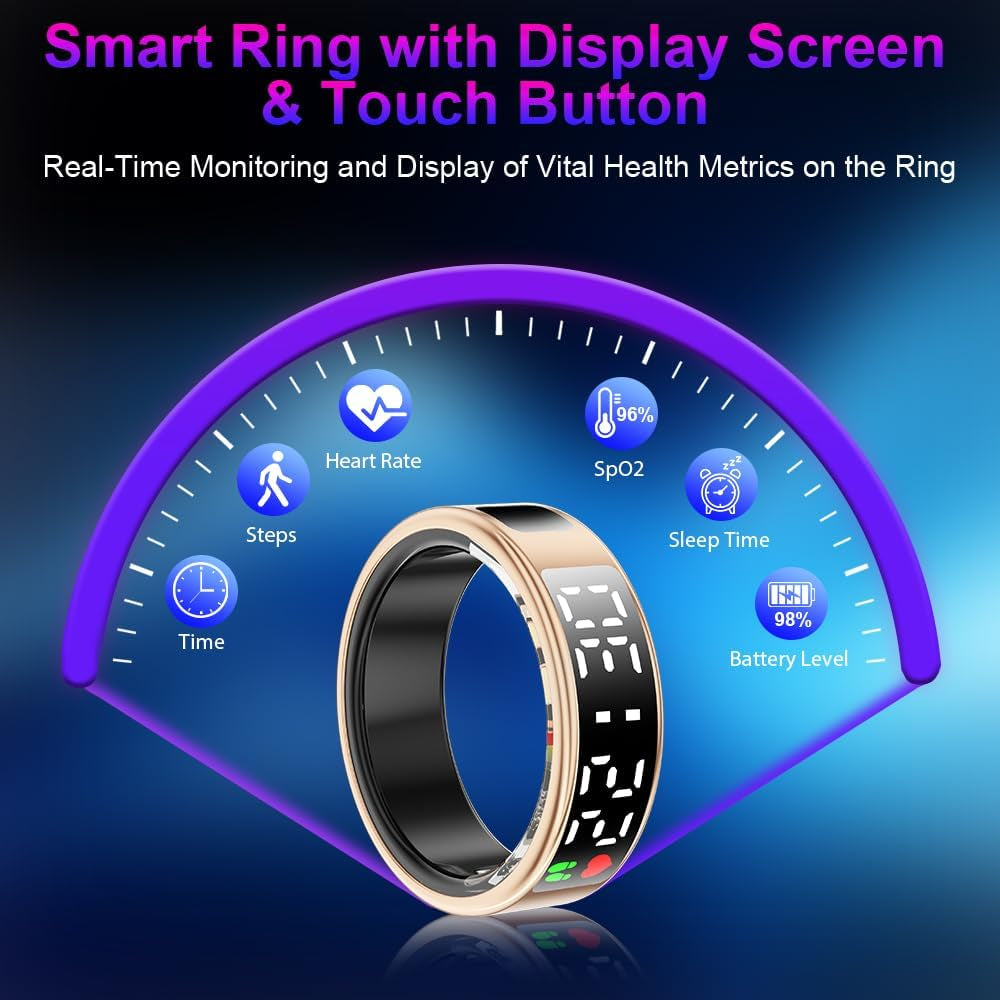 Smart Ring Health Tracker with Display Screen & Touch Button, Bluetooth Connection Vital Health Ring for Women Men, Tracks Heart Rate/Blood Oxygen/Sleep/Steps/Sports Activities, IP68 Waterproof