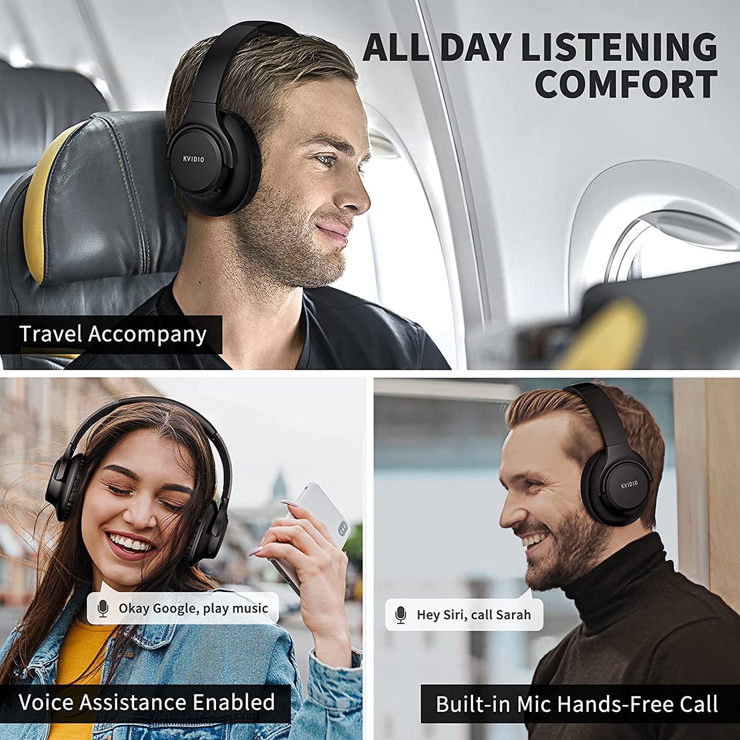 KVIDIO Bluetooth Headphones over Ear, 65 Hours Playtime Wireless Headphones with Microphone, Foldable Lightweight Headset with Deep Bass, Hifi Stereo Sound for Travel Work Cellphone