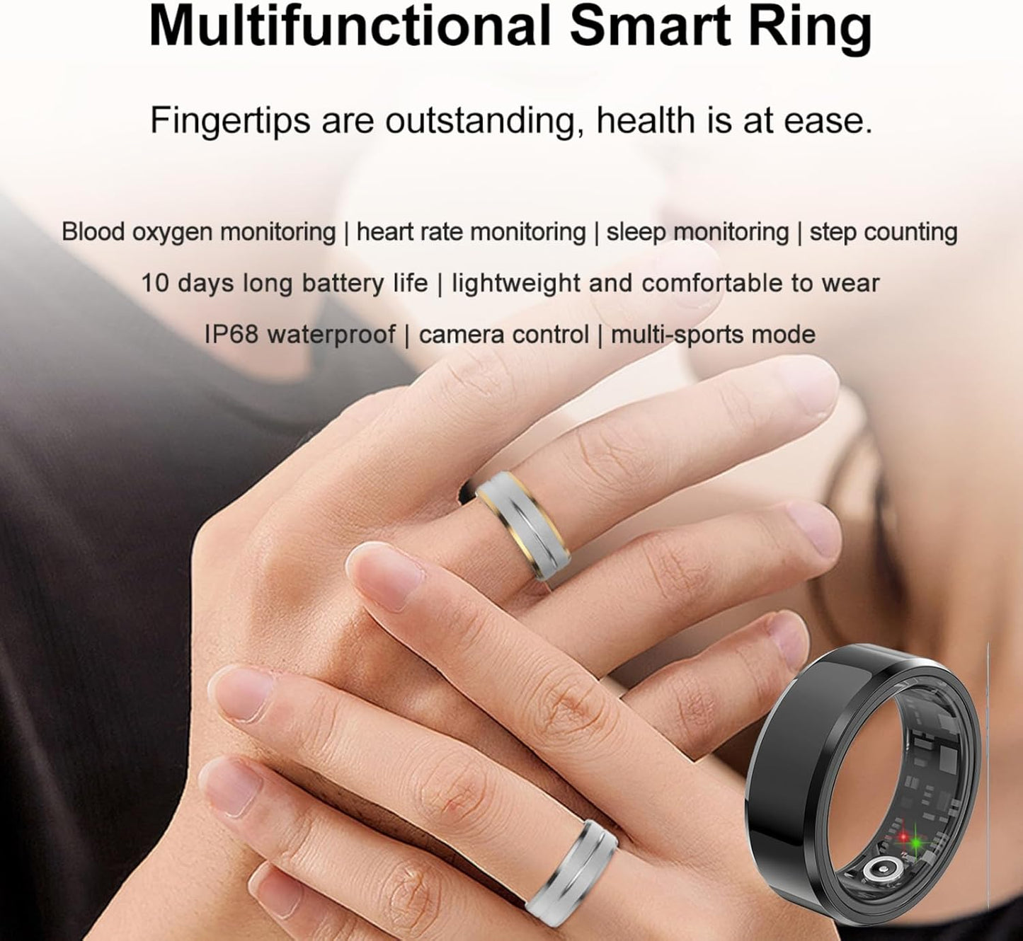 Smart Ring Health Tracker - Fitness Sleep Heart Rate Blood Oxygen Tracker Smart Ring for Men and Women,Ip68 Waterproof Level Bluetooth Fitness Tracker Rings - Free APP