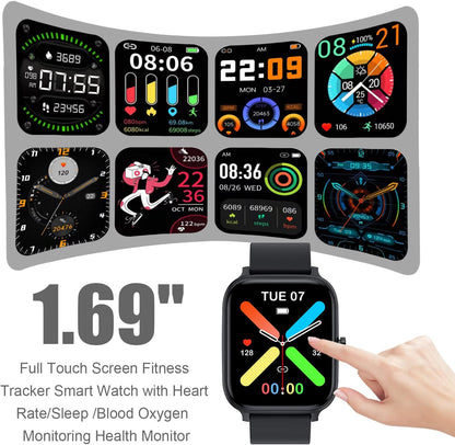 Smart Watch for Men Women Compatible with Iphone Samsung Android Phone 1.83 Inch Full Touch Screen IP68 Waterproof Bluetooh Fitness Tracker Heart Rate/Sleep Monitor, Black