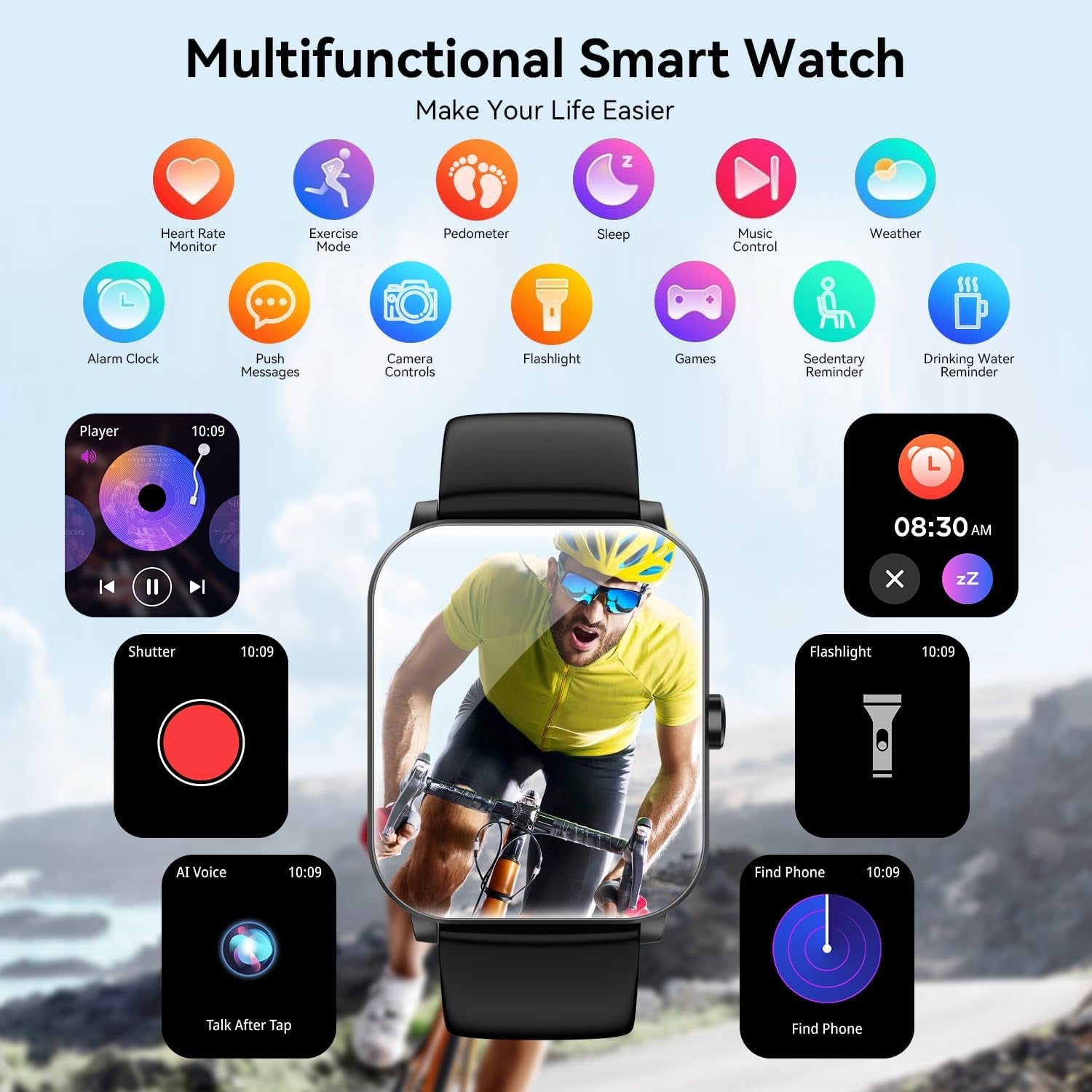 Smart Watch, 1.85" Smartwatch for Men Women (Answer/Make Call), Heart Rate, Sleep Monitor, Pedometer, Spo2, Activity Tracker, IP68 Waterproof Fitness Watch for Android Ios (Black)