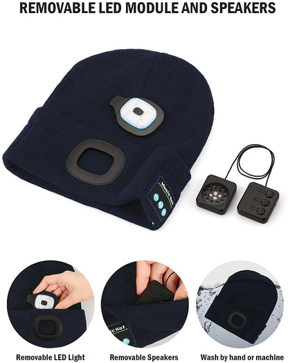 Bluetooth Beanie Hat with Light, Unisex USB Rechargeable LED Headlamp Cap with Headphones, Built-In Speakers & Mic Winter Knitted Night Lighted Music Hat, Christmas Gifts for Men Him Husband (Navy)