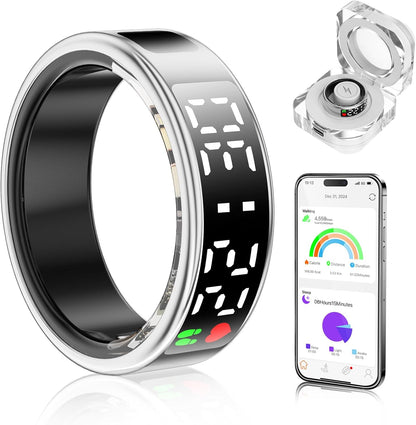 Smart Ring Health Tracker with Display Screen & Touch Button, Bluetooth Connection Vital Health Ring for Women Men, Tracks Heart Rate/Blood Oxygen/Sleep/Steps/Sports Activities, IP68 Waterproof