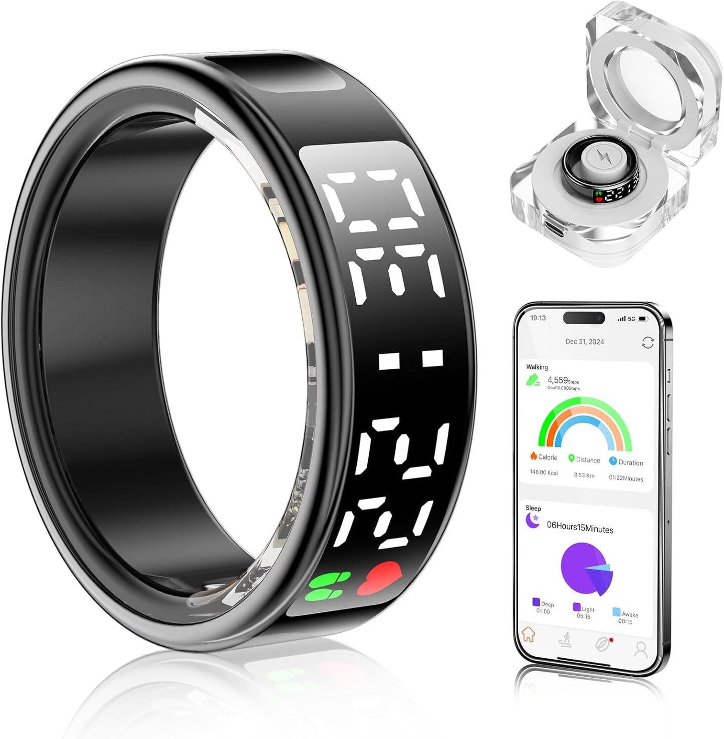 Smart Ring Health Tracker with Display Screen & Touch Button, Bluetooth Connection Vital Health Ring for Women Men, Tracks Heart Rate/Blood Oxygen/Sleep/Steps/Sports Activities, IP68 Waterproof