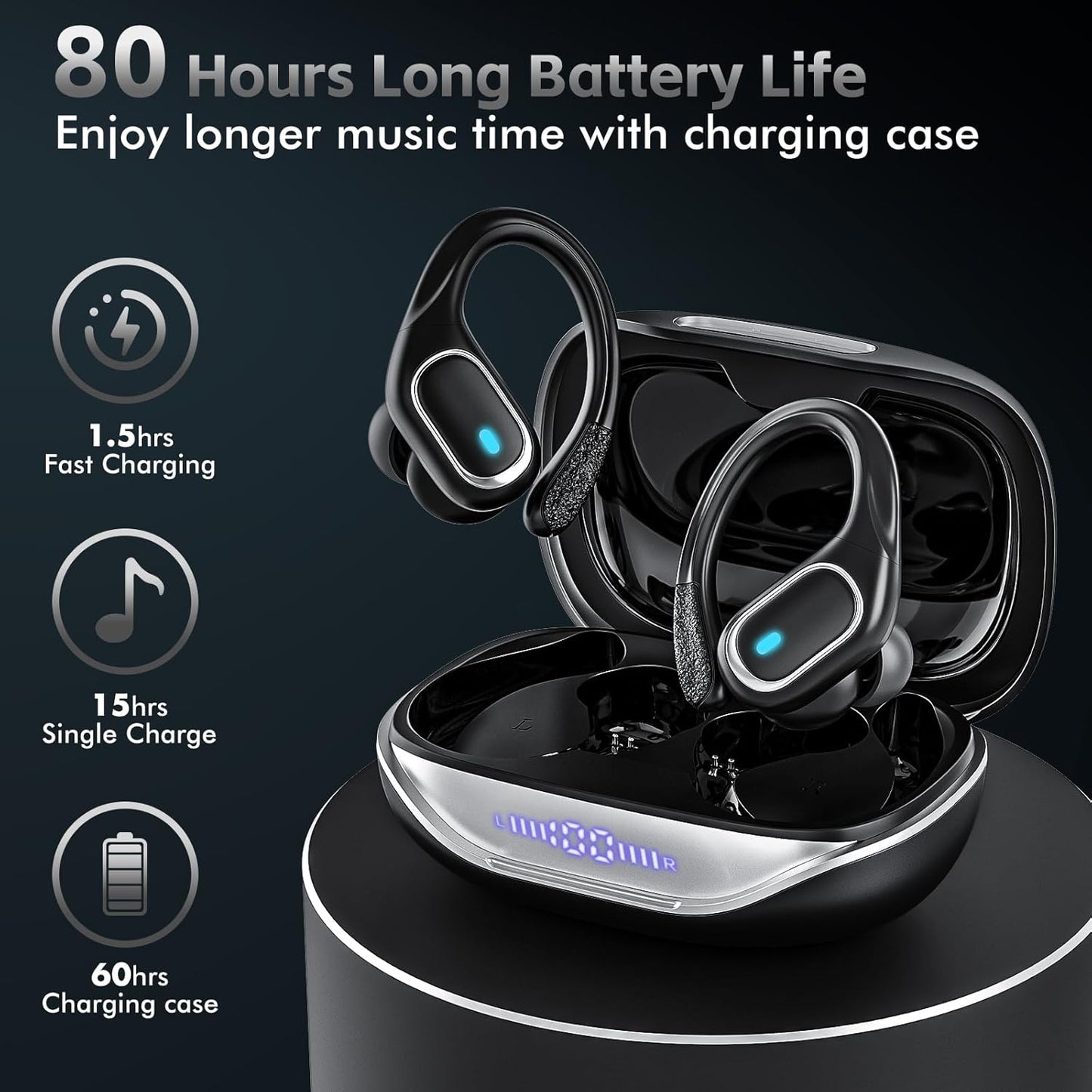 Wireless Earbuds Bluetooth Headphones 80Hrs Playtime Ear Buds IPX7 Waterproof Sports Earphones Wireless Charging Case Over-Ear Earhooks Headest Black