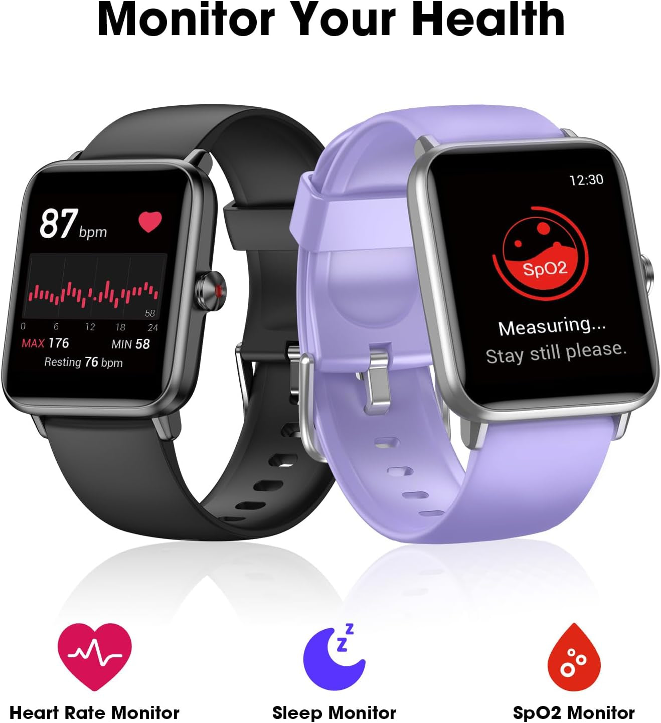 Smart Watch, Fitness Tracker with Heart Rate Monitor, Blood Oxygen, Sleep Tracking, 1.5 Inch Touchscreen Smartwatch for Android Ios Swimming Waterproof Pedometer Step Calories Tracker for Women Men