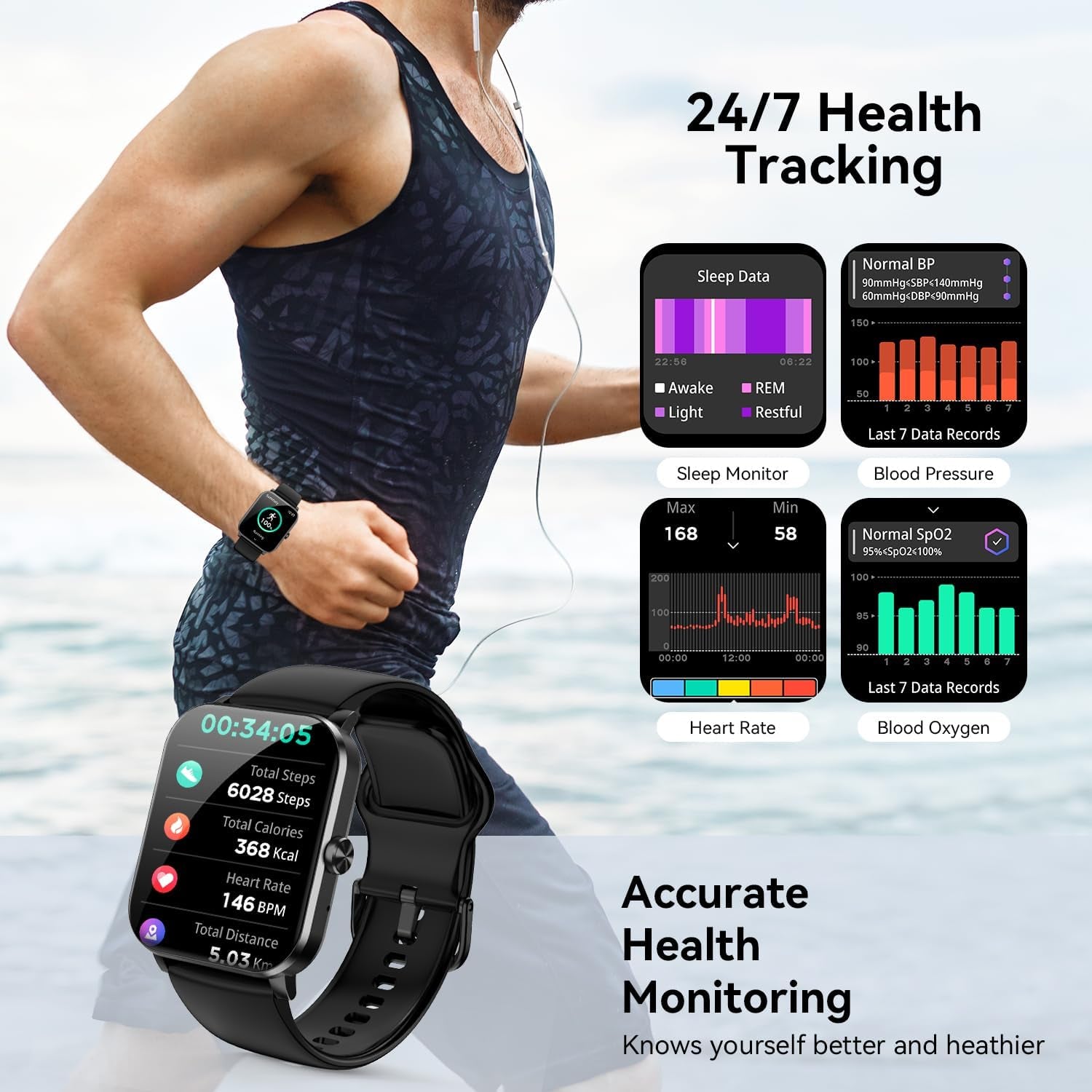 Smart Watch, 1.85" Smartwatch for Men Women (Answer/Make Call), Heart Rate, Sleep Monitor, Pedometer, Spo2, Activity Tracker, IP68 Waterproof Fitness Watch for Android Ios (Black)