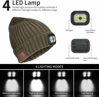 Bluetooth 5.0 Beanie LED Hat , Musical Knitted Cap Wireless Headphone W/ Built-In Stereo Speakers & Mic, Men Women Winter Warm LED Hat, Ideal for Sport Running Skiing Hiking Cycling Camping