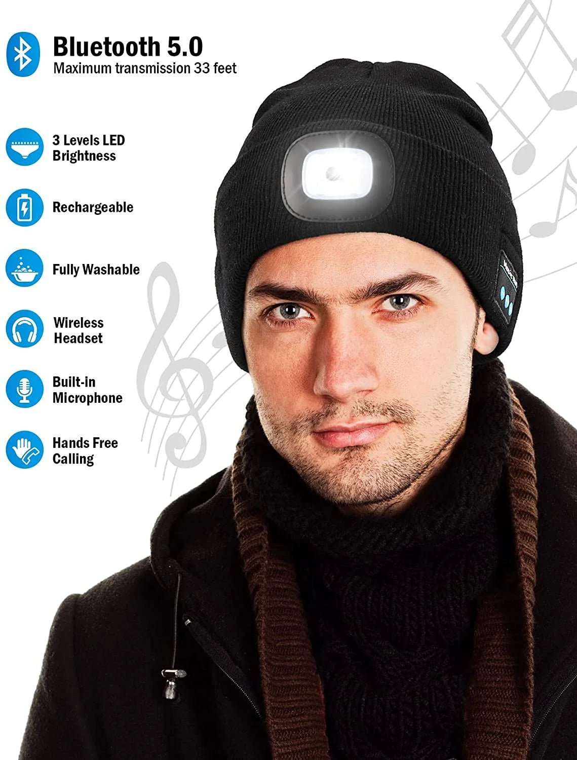 Bluetooth Beanie Hat with Light, Unisex USB Rechargeable LED Headlamp Cap with Headphones, Built-In Speakers & Mic Winter Knitted Night Lighted Music Hat, Christmas Gifts for Men Him Husband (Navy)