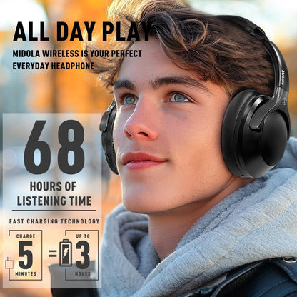 Ultimate Bluetooth 5.3 Over-Ear Headphones - 68H Playtime, 6 EQ Modes, HiFi Stereo, Foldable & Lightweight with Deep Bass - Perfect for Travel, Home, and Office Use!